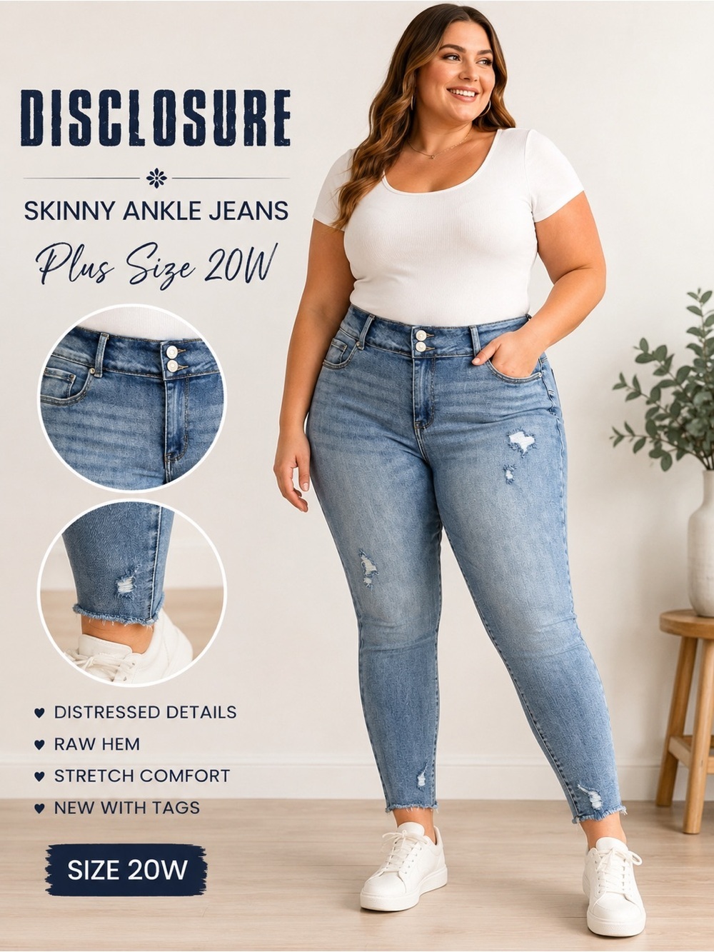 Disclosure NWT Plus Size 20W Distressed Raw Hem Skinny Ankle Jeans